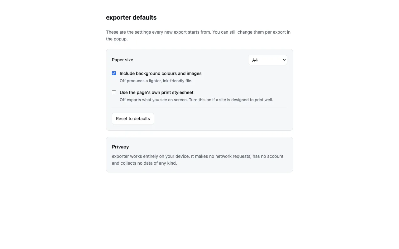 The exporter defaults page with paper size, background and print-stylesheet settings, and a privacy note saying it makes no network requests.